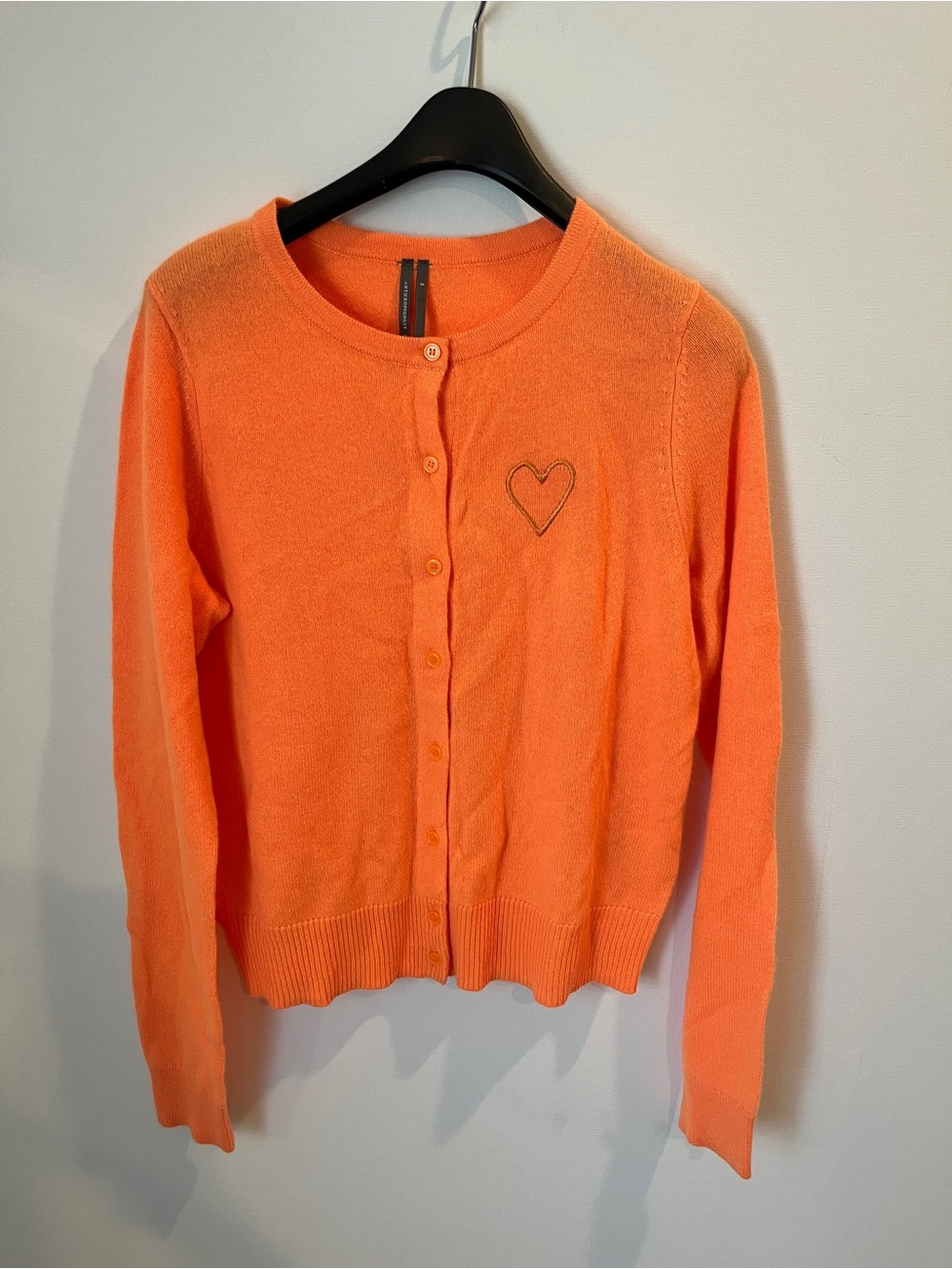 Anthropologie Cashmere Orange Heart-Embroidered Crewneck Button down Cardigan S